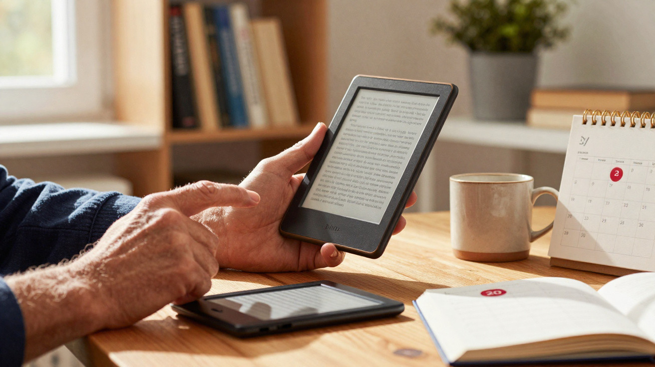 Person holding an e-reader while another lies on the wooden table with a diary, coffee mug, and calendar nearby.