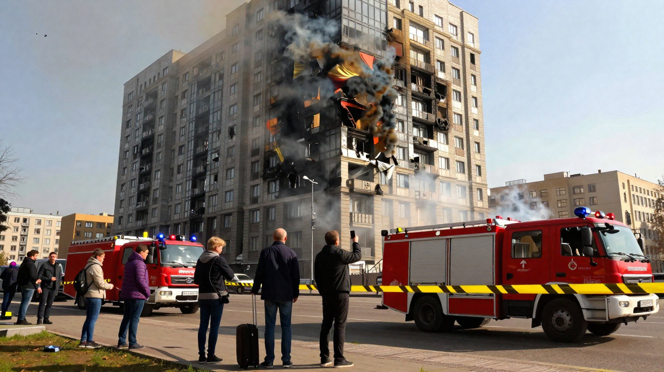 Firefighters respond to a high-rise building on fire with smoke and flames visible, while bystanders watch behind tape.