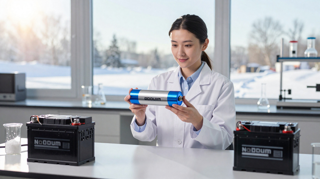 Scientist in lab coat examining a blue cylindrical battery with two black batteries on the table in a bright lab.