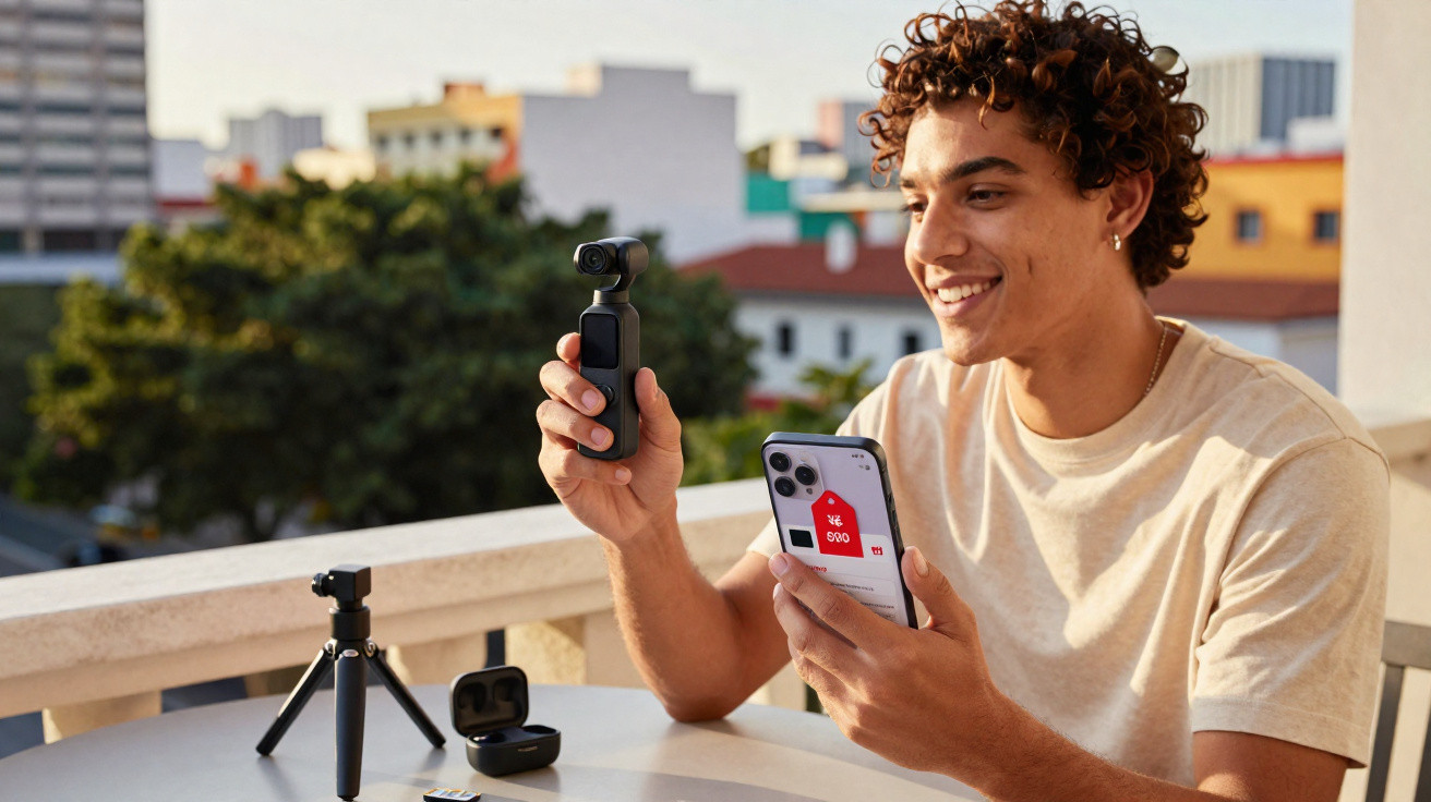 Young man sitting outdoors with a smartphone and holding a handheld camera stabiliser on a balcony table.