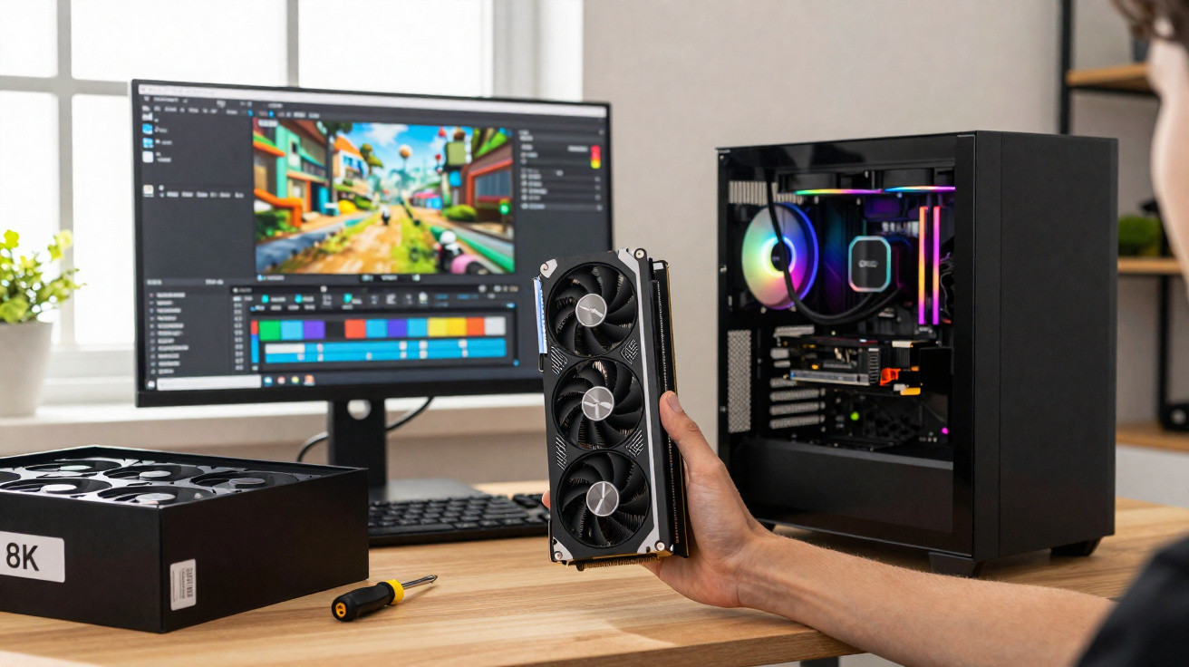 Person holding a graphics card next to an open gaming PC with colourful RGB lighting and a monitor displaying video editing s