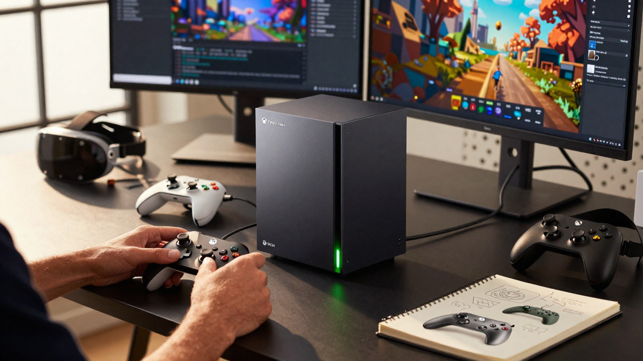 Person holding a black Xbox controller near an Xbox console with dual monitors displaying a video game development scene.