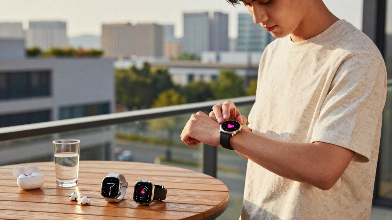 Young man checking a smartwatch on his wrist beside a table with earbuds, a glass of water, and two smartwatches.