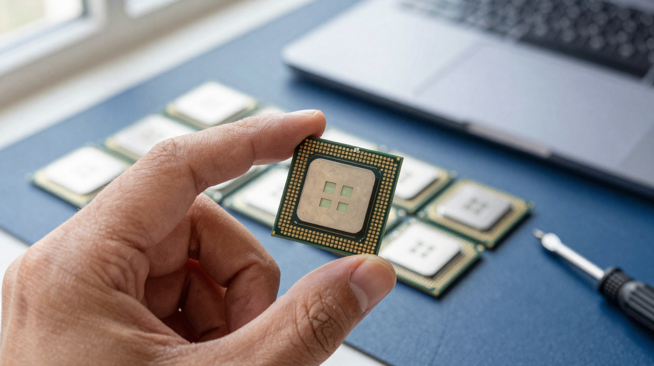 Hand holding a computer microchip with several other chips and a screwdriver on a desk near a laptop.