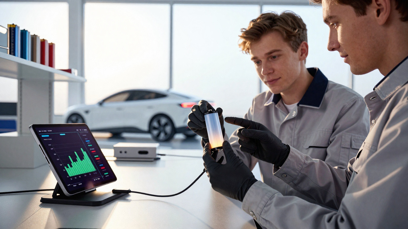 Two engineers in gloves examining a battery cell with a tablet showing data in a modern workspace with a car in background.