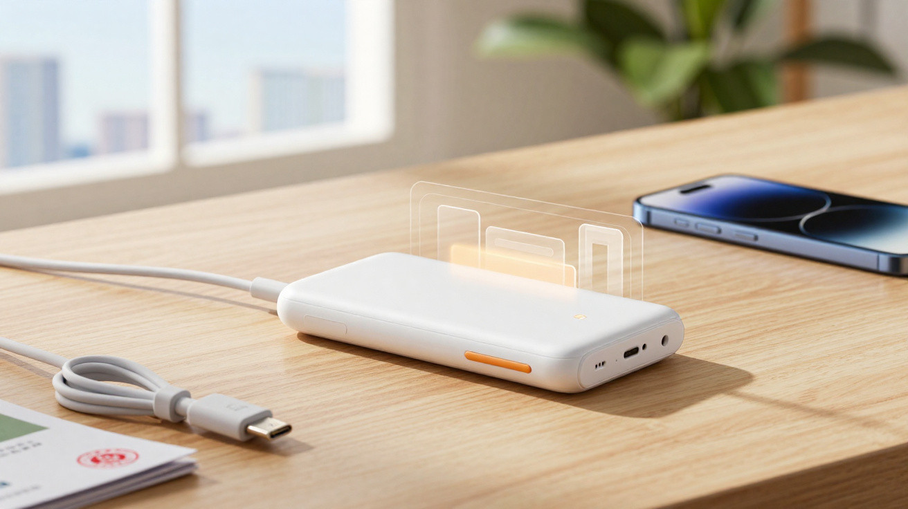 White portable charger with USB-C cable next to a smartphone on a wooden table in natural light.