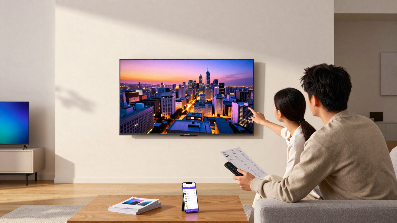 Couple sitting on a sofa watching a cityscape at sunset on a wall-mounted TV in a modern living room.