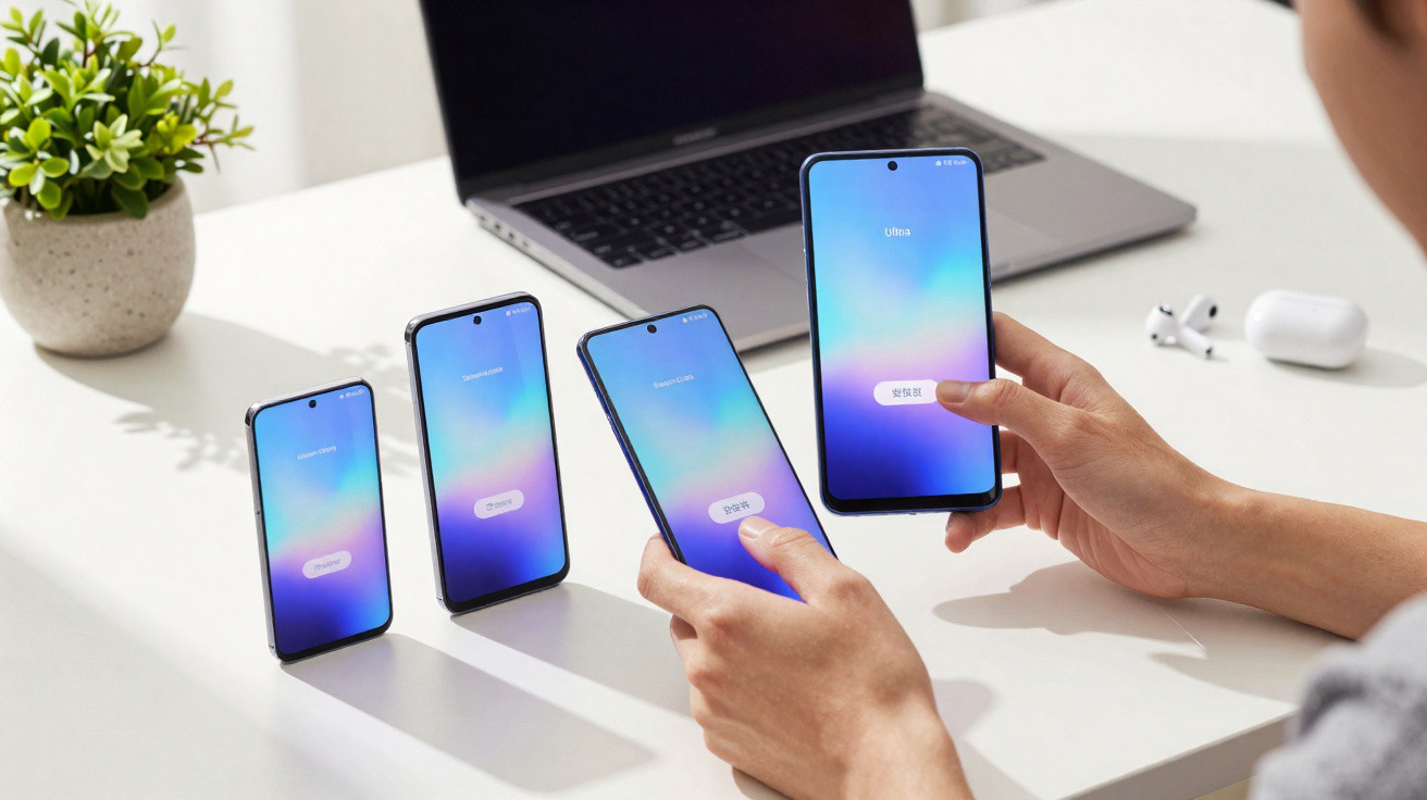 Person holding a smartphone with three similar phones standing on a white desk beside a laptop and plant.