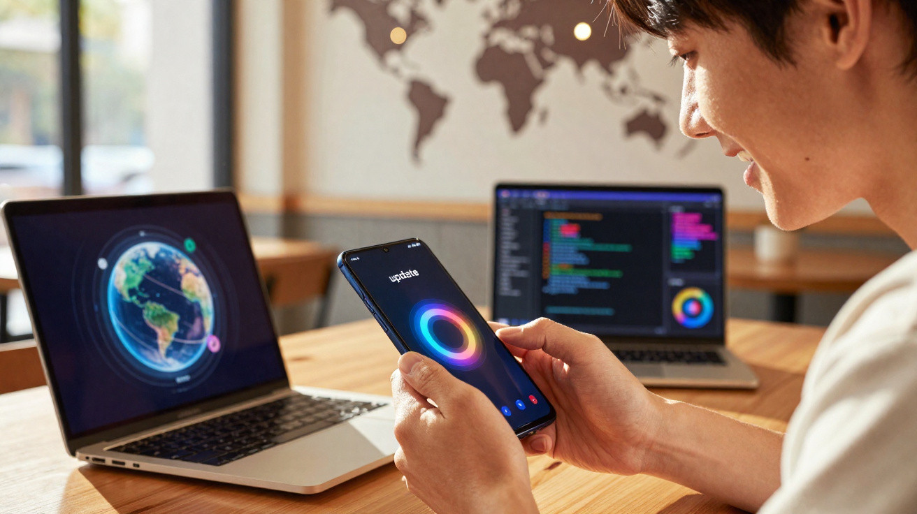Person holding smartphone with update screen near two laptops showing globe and code on wooden table