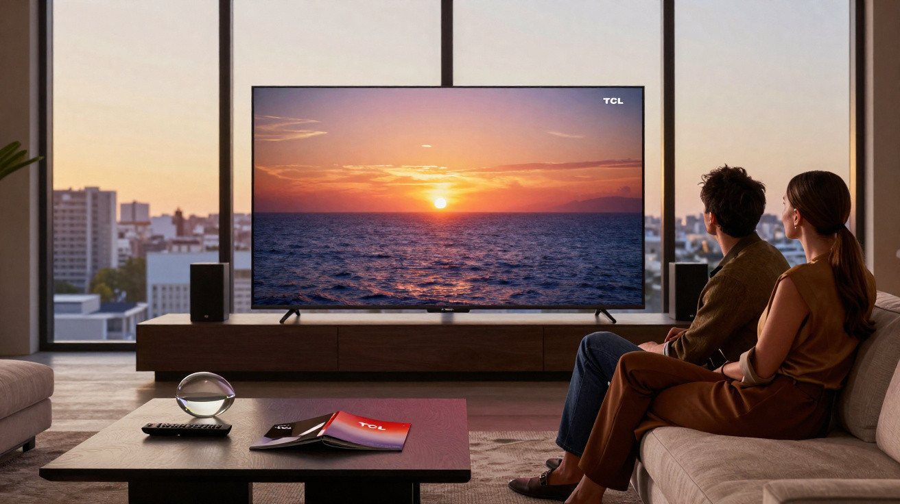 Couple sitting on a sofa watching a sunset ocean scene on a large TCL TV in a modern living room.