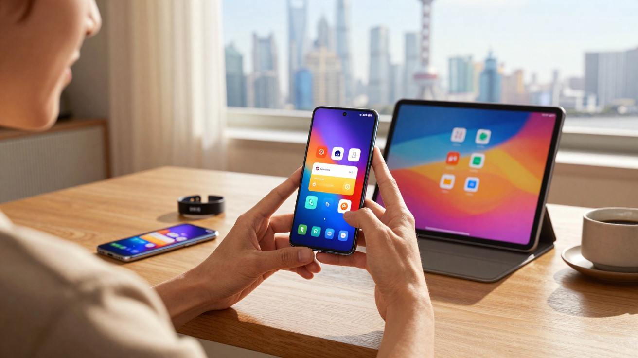 Person holding smartphone with tablet, smartphone, cup, and smartband on table by window with cityscape view.